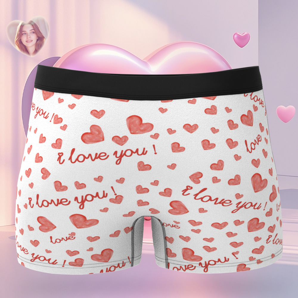 Custom Face Men's Boxer Underwear Gifts for Husband I Love You Heart Men Face Boxer