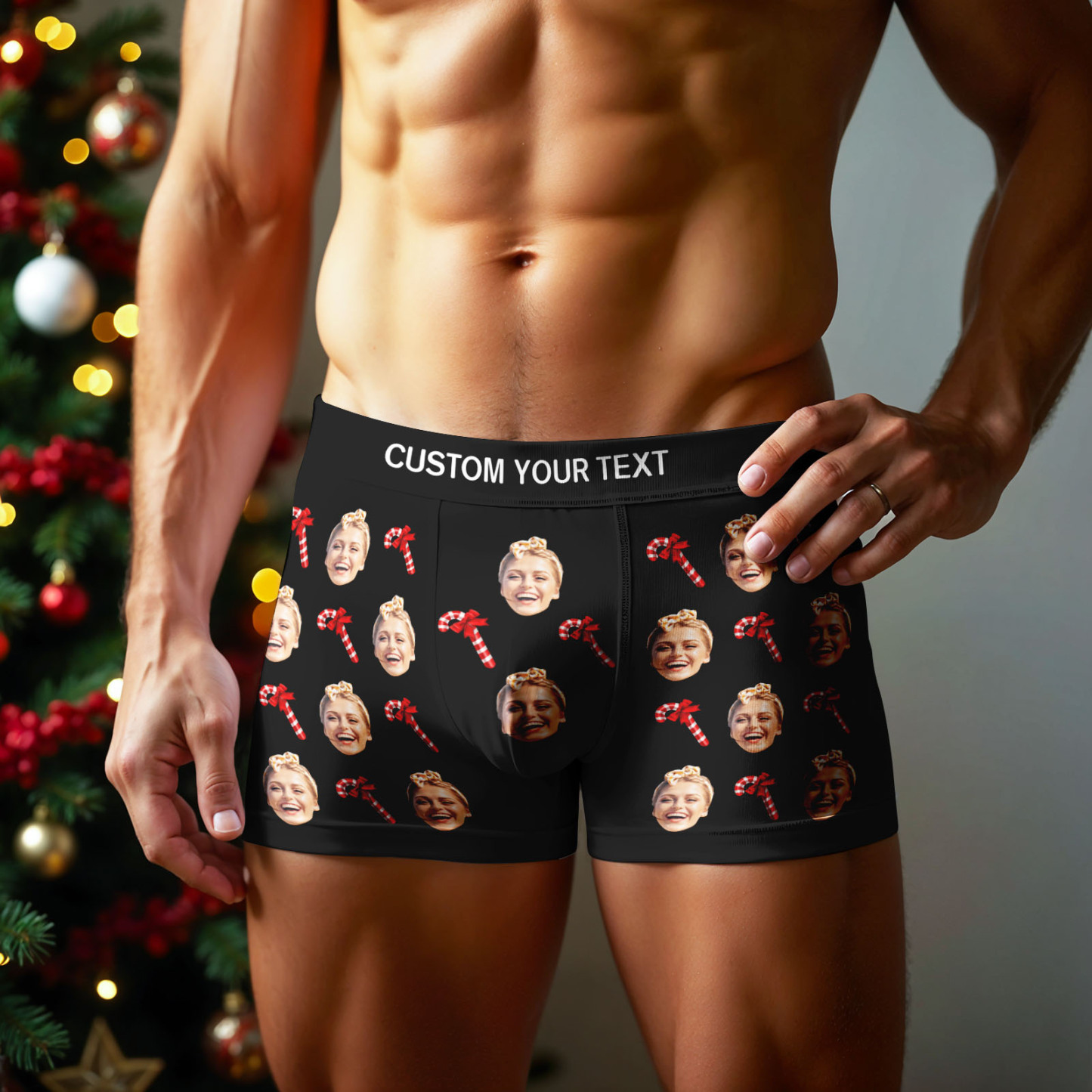 Personalized Face Boxer Men Underwear Christmas Gift Christmas Cane Boxer Personalized Photo Funny Men Boxer Gift - SantaSocks