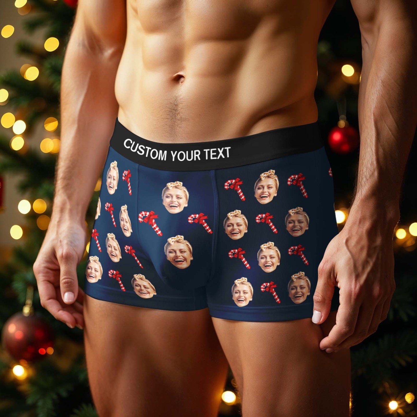 Personalized Face Boxer Men Underwear Christmas Gift Christmas Cane Boxer Personalized Photo Funny Men Boxer Gift - SantaSocks