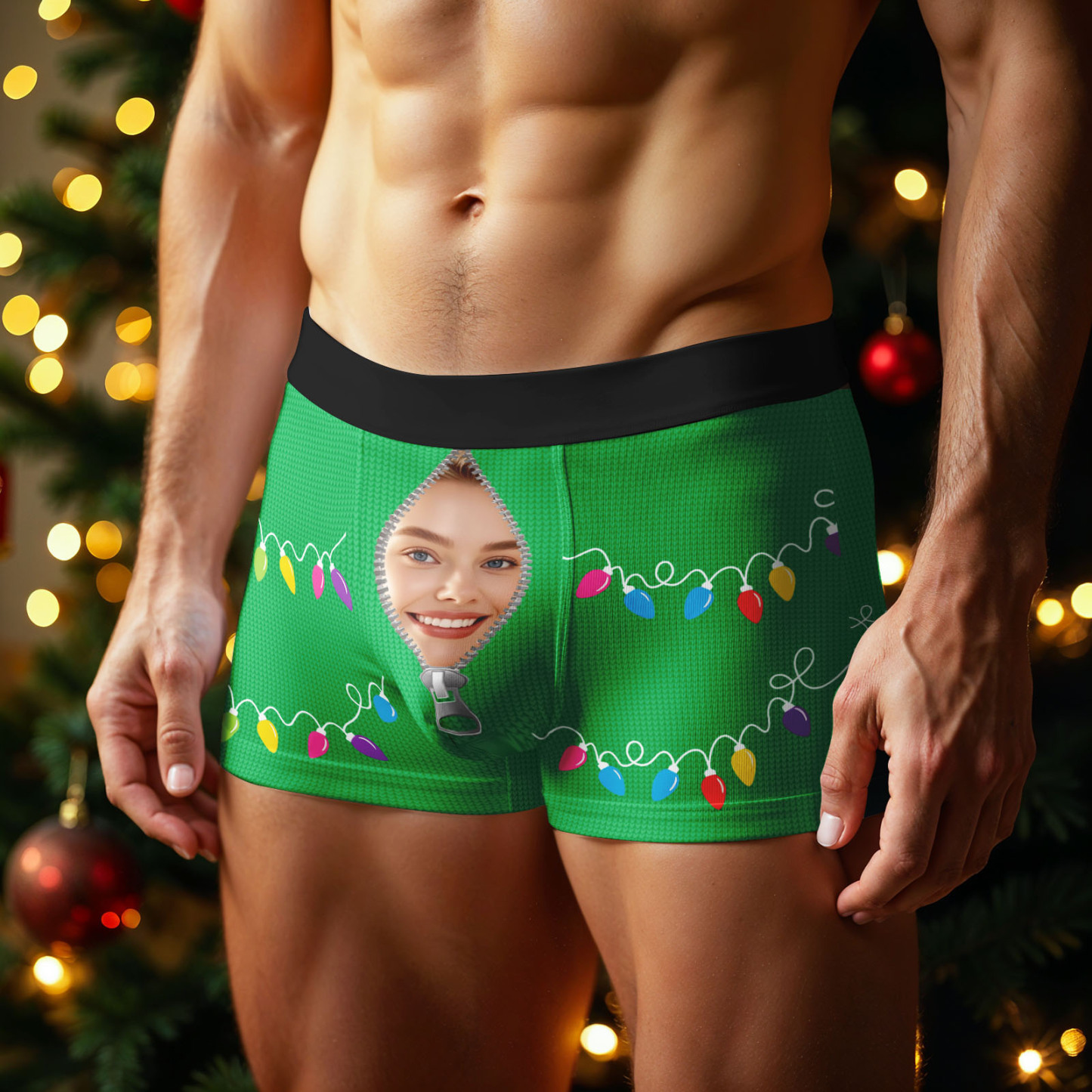 Custom Face Men's Boxer Underwear Santa Gift Christmas Lights Personalized Photo Funny Men's Boxer Briefs Christmas Valentine Christmas Gift - SantaSocks