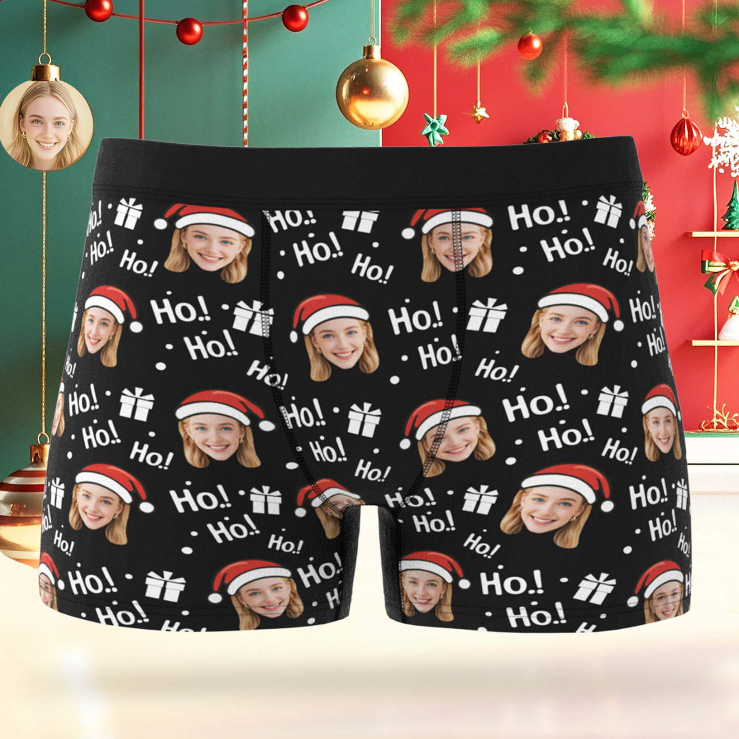 Custom Face Men's Boxer Underwear Santa Gift HoHo Christmas Gift Box Underwear Personalized Photo Funny Men's Boxer Briefs Christmas Valentine Christmas Gift - SantaSocks