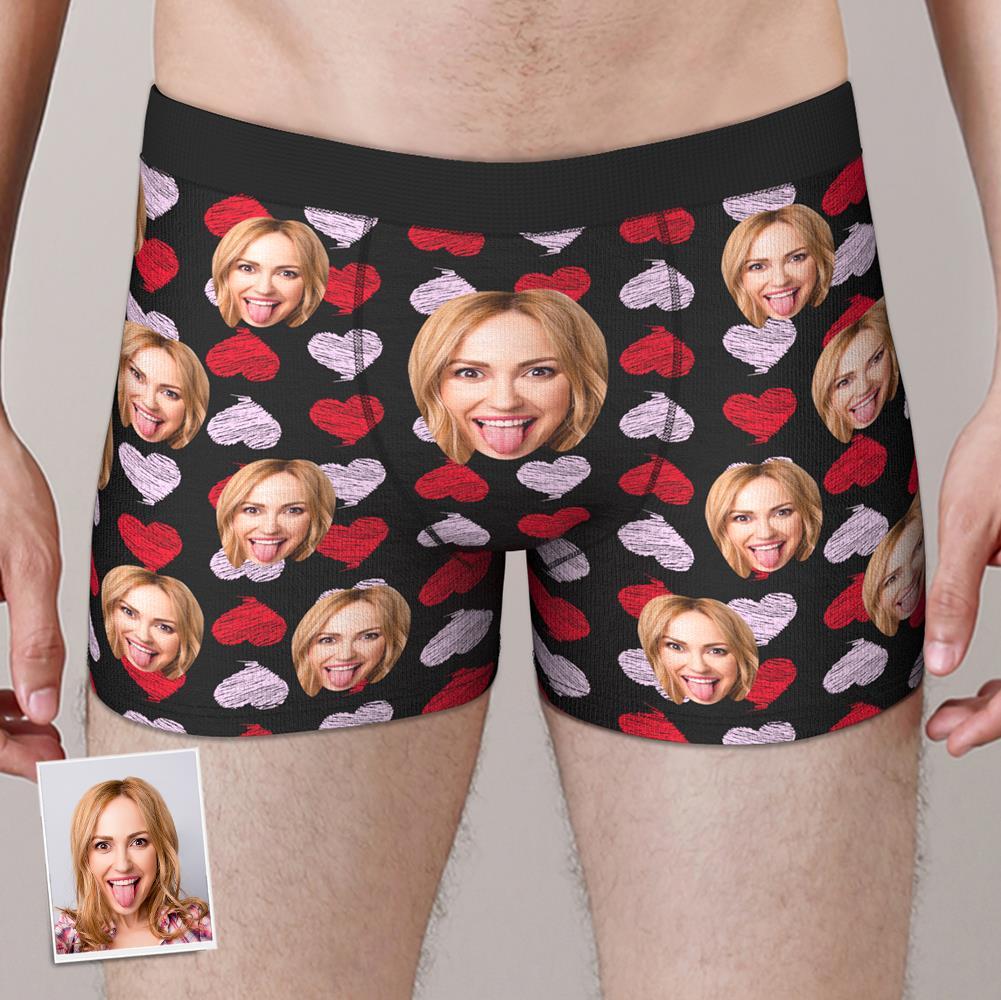 Custom Face Boxer Brief Red and Pink Hearts Valentine's Day Gifts For Him