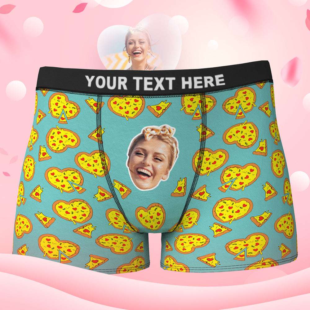Custom Face Boxer Shorts Personalized Underwear for Boyfriend - Love Heart Pizza