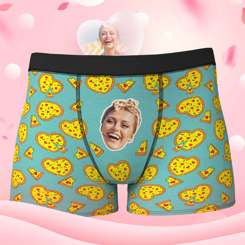 Custom Face Boxer Shorts Personalized Underwear for Boyfriend - Love Heart Pizza