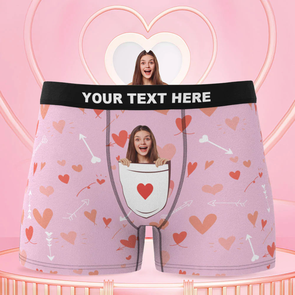 Custom Face Boxer Briefs Personalized Pink Underwear Heart Pattern