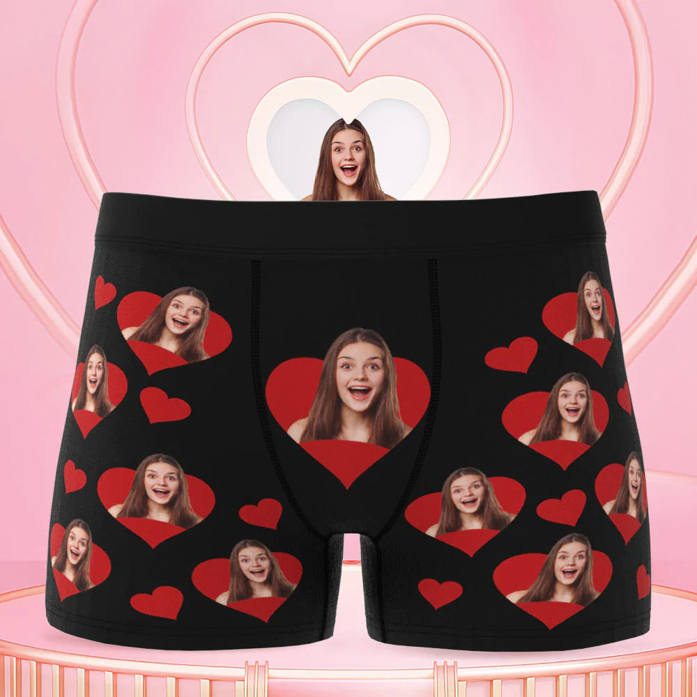 Custom Face Boxer Briefs Personalized Photo Underwear Red Heart for Men