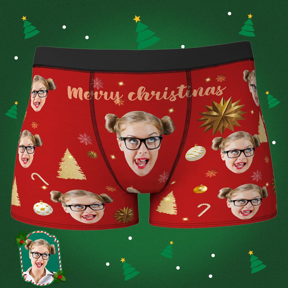 Custom Face Boxer Shorts Personalized Photo Boxer Shorts with Name Christmas Gift - Merry Christmas
