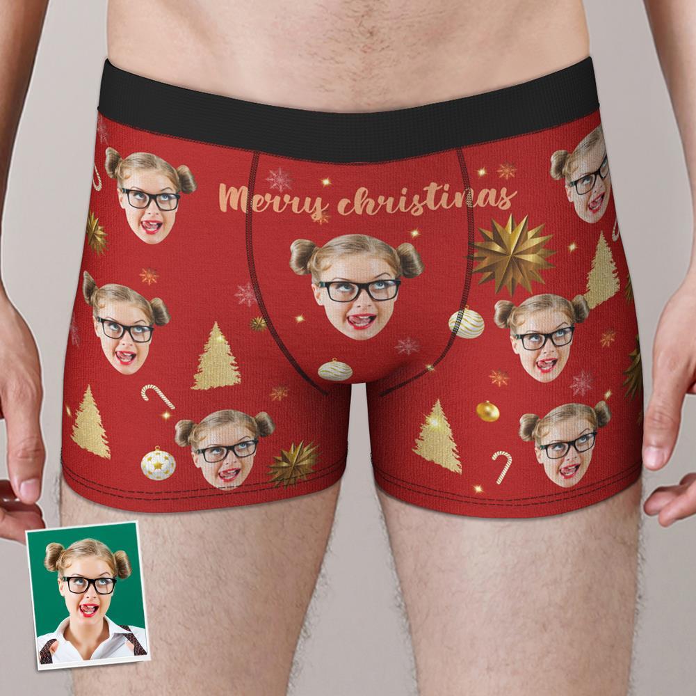 Custom Face Boxer Shorts Personalized Photo Boxer Shorts with Name Christmas Gift - Merry Christmas
