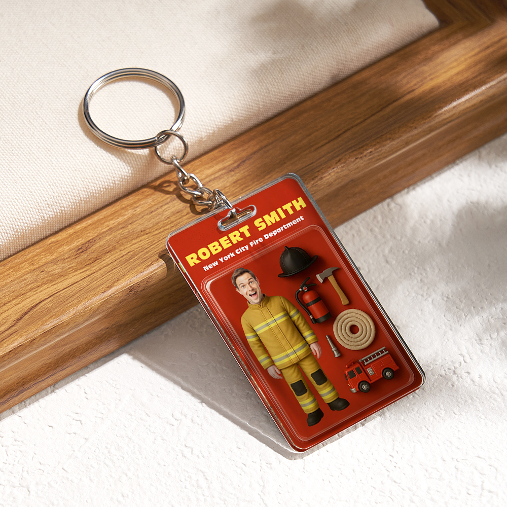 Custom 3D Effect Action Figure Customizable Head Packaging Toy Box Style Art Gift Personalized 2D Printing Acrylic Keychain Gift for Firefighter - SantaSocks