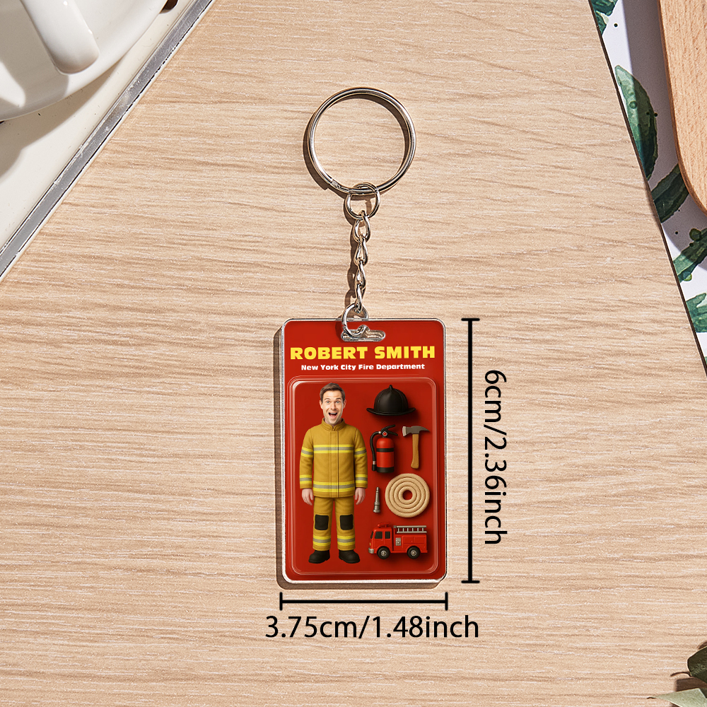 Custom 3D Effect Action Figure Customizable Head Packaging Toy Box Style Art Gift Personalized 2D Printing Acrylic Keychain Gift for Firefighter - SantaSocks