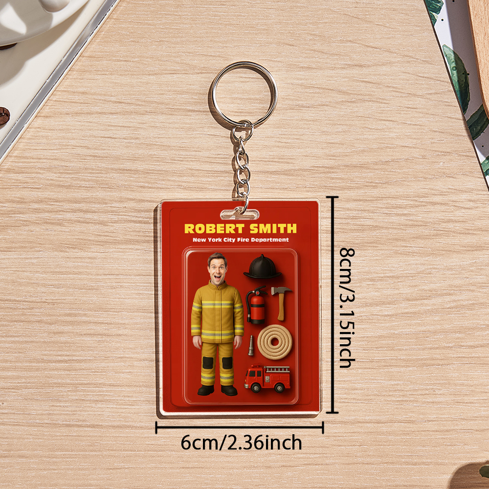 Custom 3D Effect Action Figure Customizable Head Packaging Toy Box Style Art Gift Personalized 2D Printing Acrylic Keychain Gift for Firefighter - SantaSocks