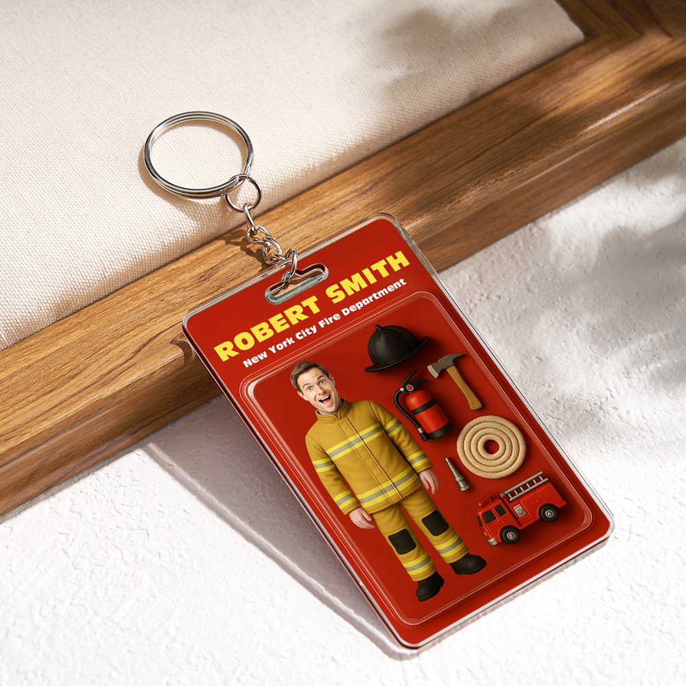 Custom 3D Effect Action Figure Customizable Head Packaging Toy Box Style Art Gift Personalized 2D Printing Acrylic Keychain Gift for Firefighter - SantaSocks
