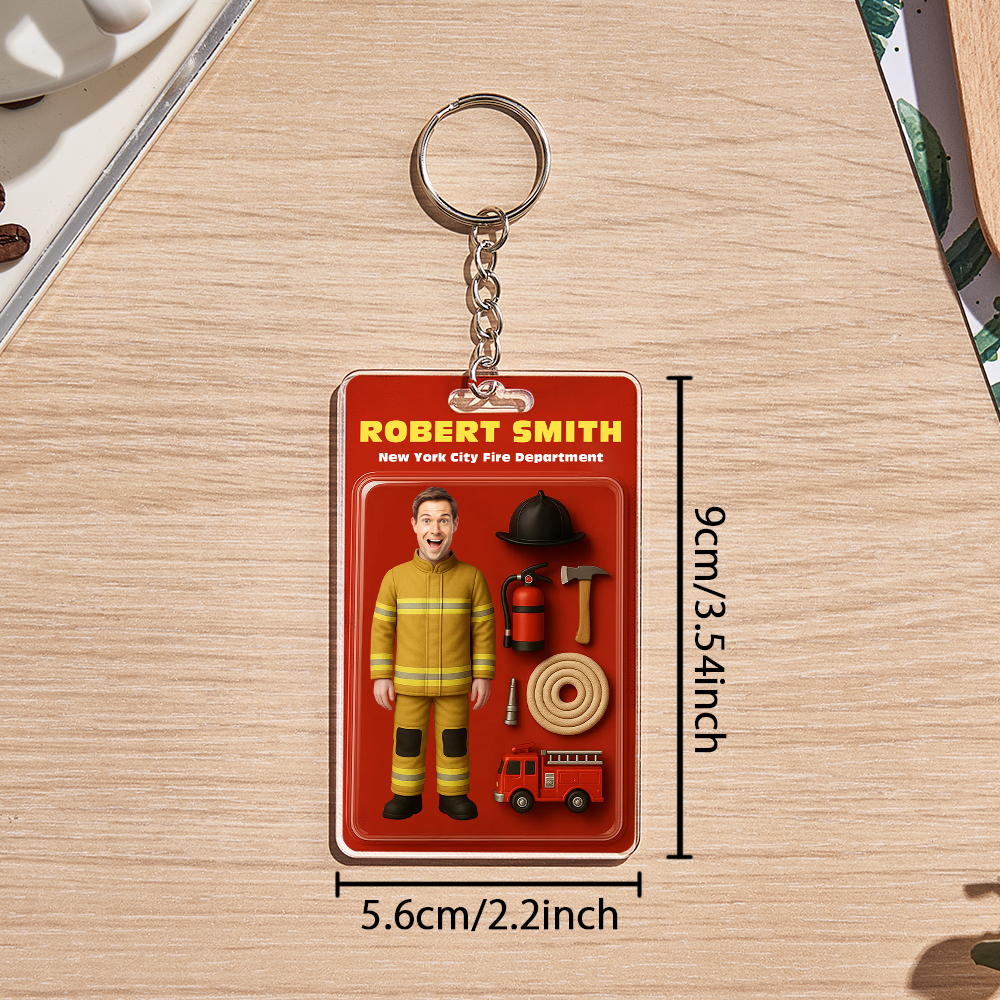 Custom 3D Effect Action Figure Customizable Head Packaging Toy Box Style Art Gift Personalized 2D Printing Acrylic Keychain Gift for Firefighter - SantaSocks