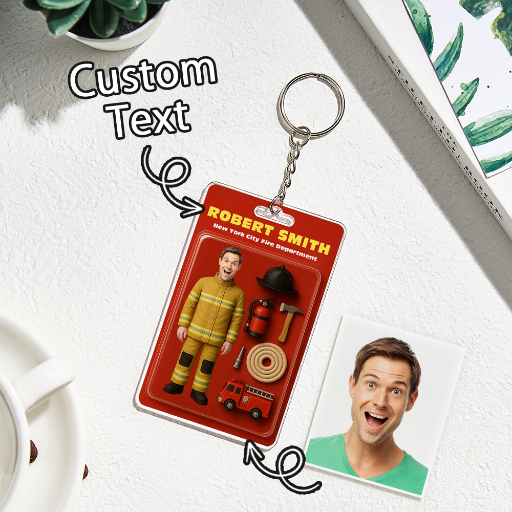 Custom 3D Effect Action Figure Customizable Head Packaging Toy Box Style Art Gift Personalized 2D Printing Acrylic Keychain Gift for Firefighter - SantaSocks