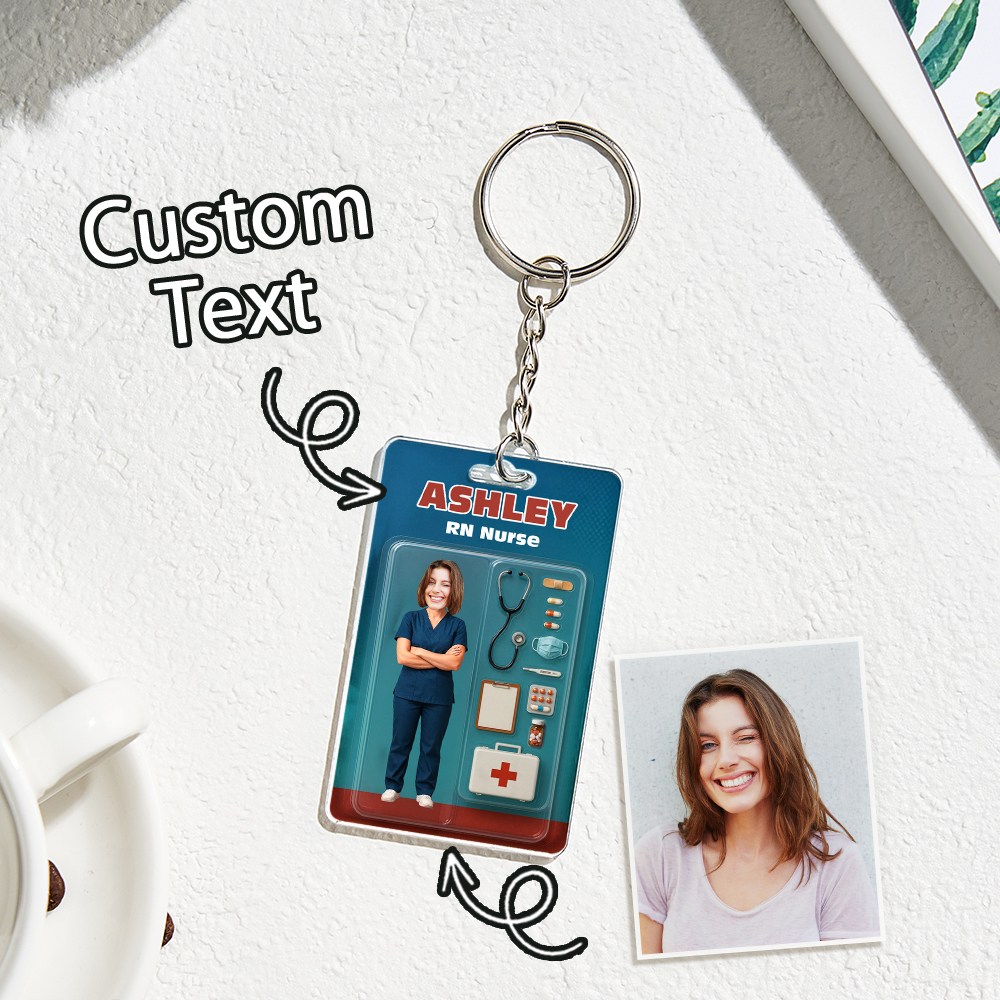 Custom 3D Effect Action Figure Customizable Head Packaging Toy Box Style Art Gift Personalized 2D Printing Acrylic Keychain Nurses Day Gift for Nurse
