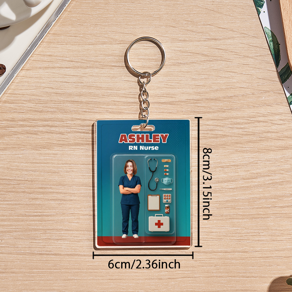 Custom 3D Effect Action Figure Customizable Head Packaging Toy Box Style Art Gift Personalized 2D Printing Acrylic Keychain Nurses Day Gift for Nurse - SantaSocks