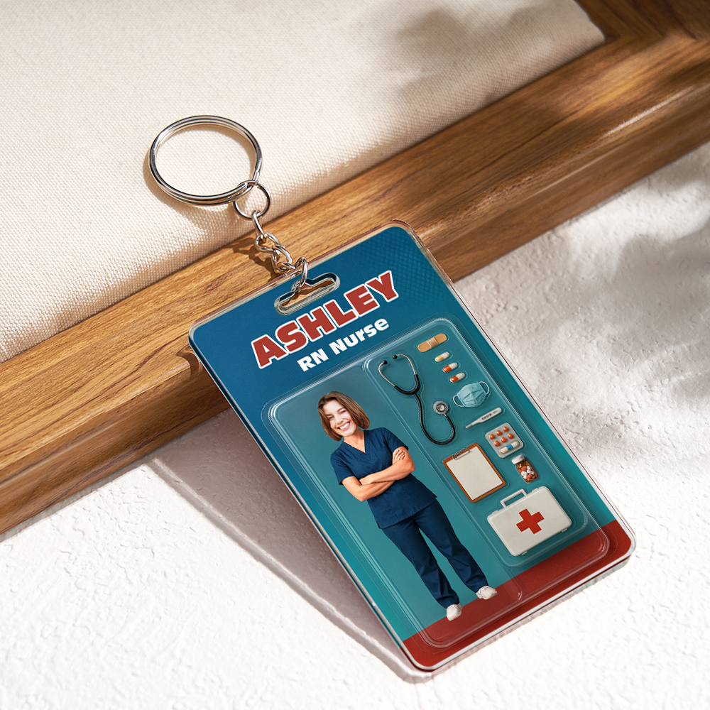 Custom 3D Effect Action Figure Customizable Head Packaging Toy Box Style Art Gift Personalized 2D Printing Acrylic Keychain Nurses Day Gift for Nurse - SantaSocks