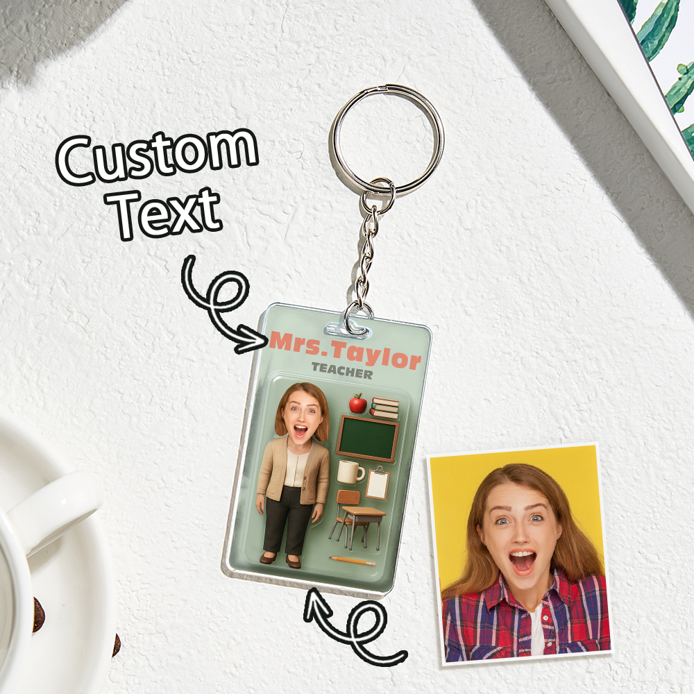 Custom 3D Effect Action Figure Customizable Head Packaging Toy Box Style Art Gift Personalized 2D Printing Acrylic Keychain Creative Gift for Teacher