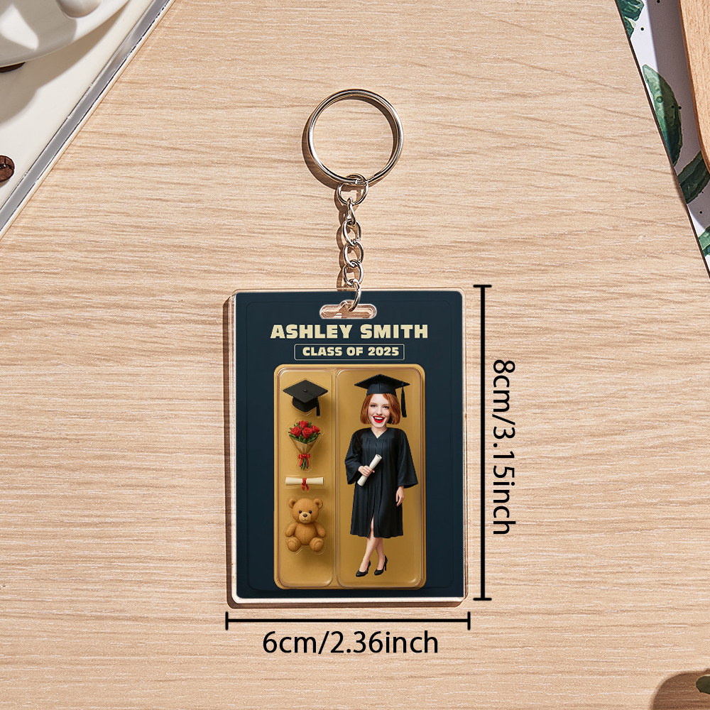 Custom 3D Effect Action Figure Customizable Head Packaging Toy Box Style Art Gift Personalized 2D Printing Acrylic Keychain Graduation Gift for Friend - SantaSocks
