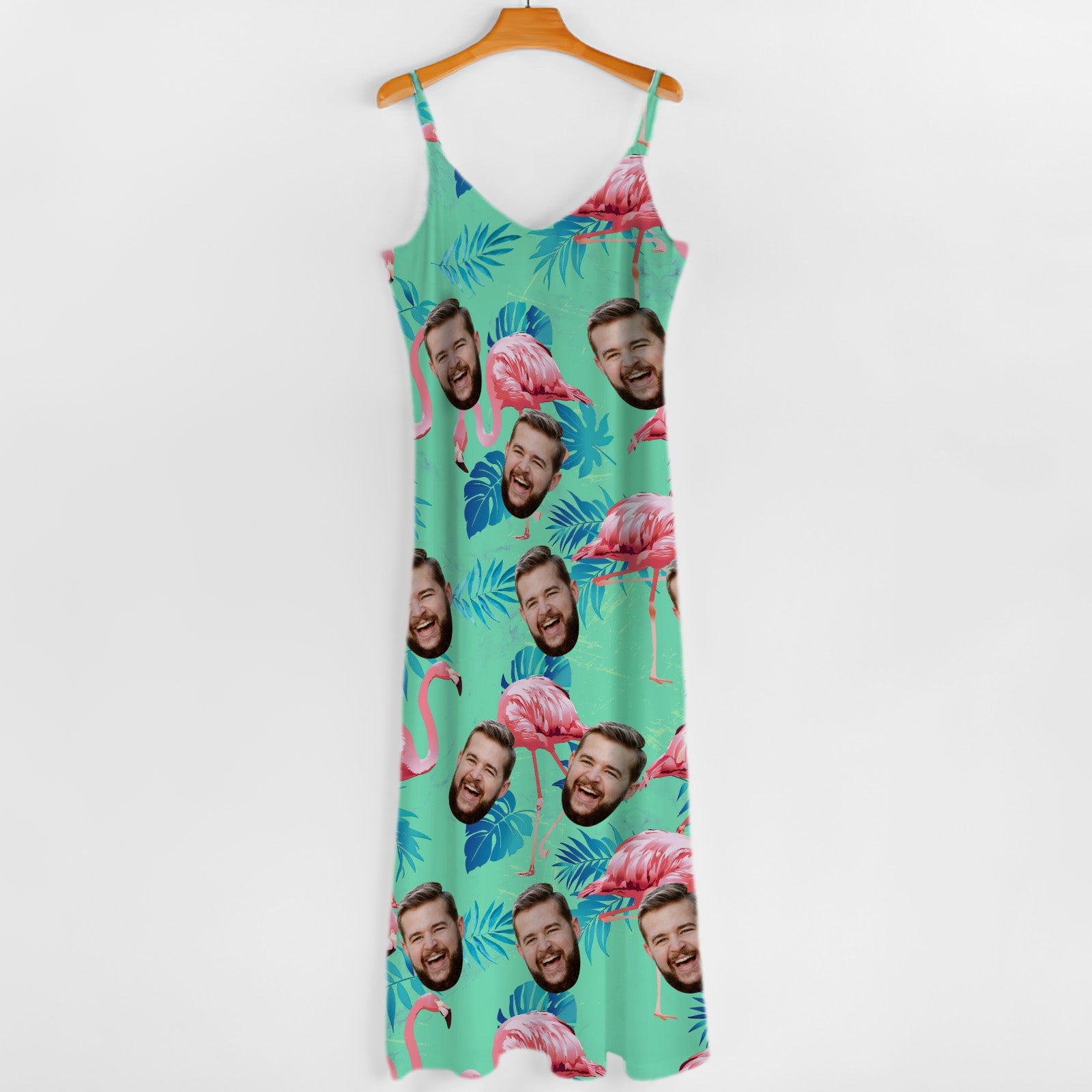 Custom Face Hawaiian Style Long Dress For Women All Over Printed Green And Palm Leaves