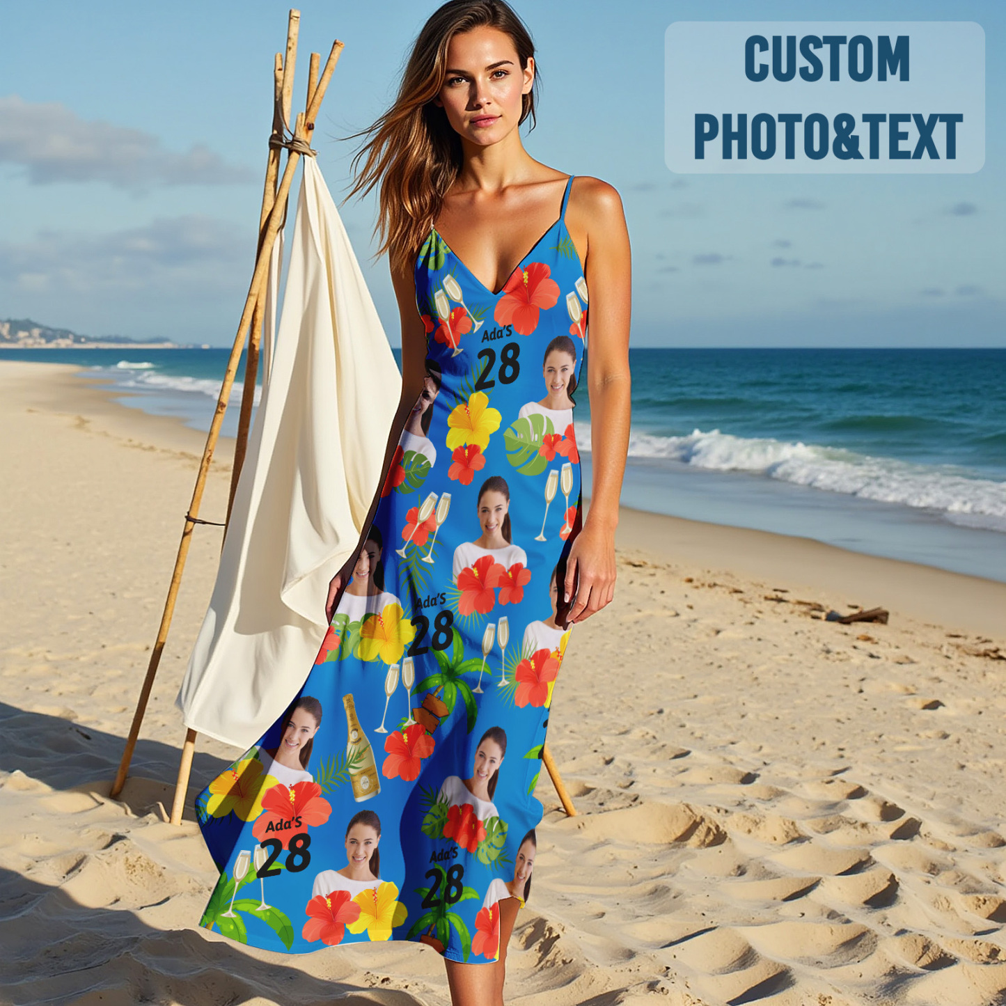 Custom Face Sling Hawaiian Style Long Dress Colorful Birthday Dress Happy Birthday Gift