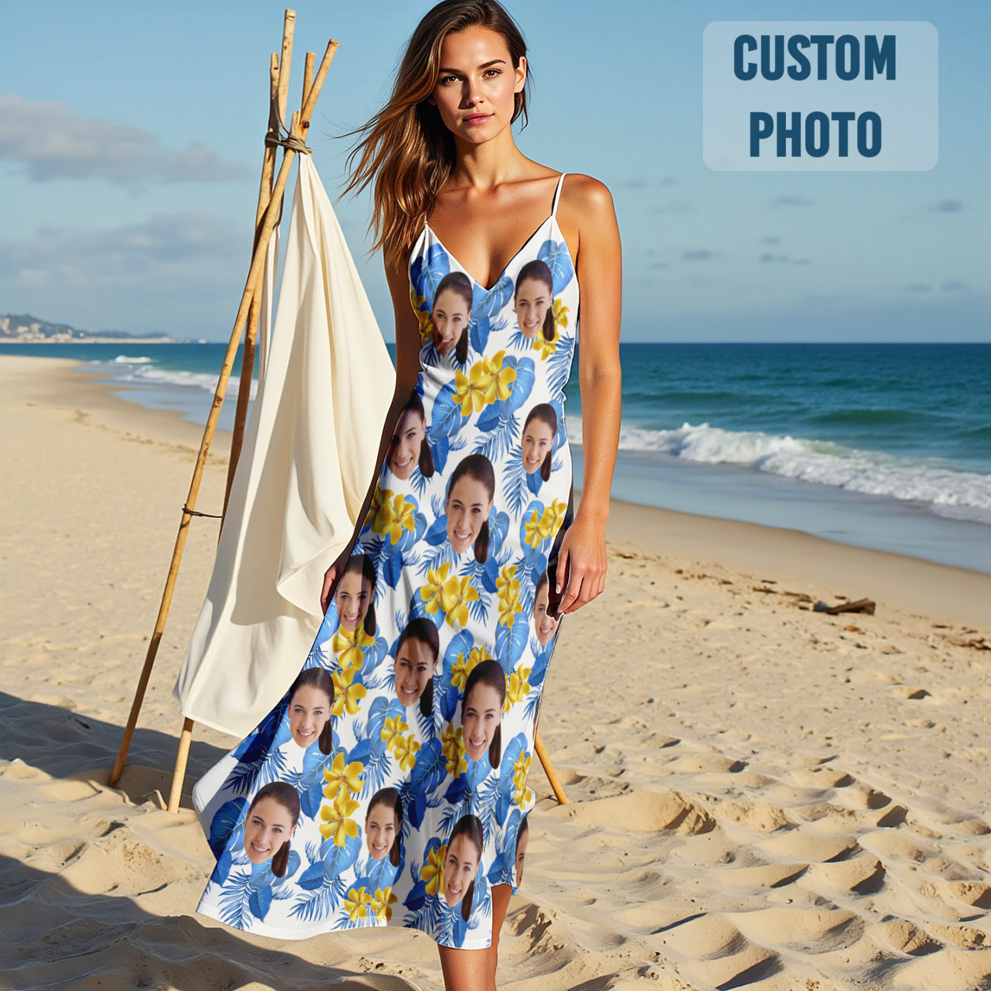 Custom Face Sling Hawaiian Style Long Dress Blue Birthday Dress