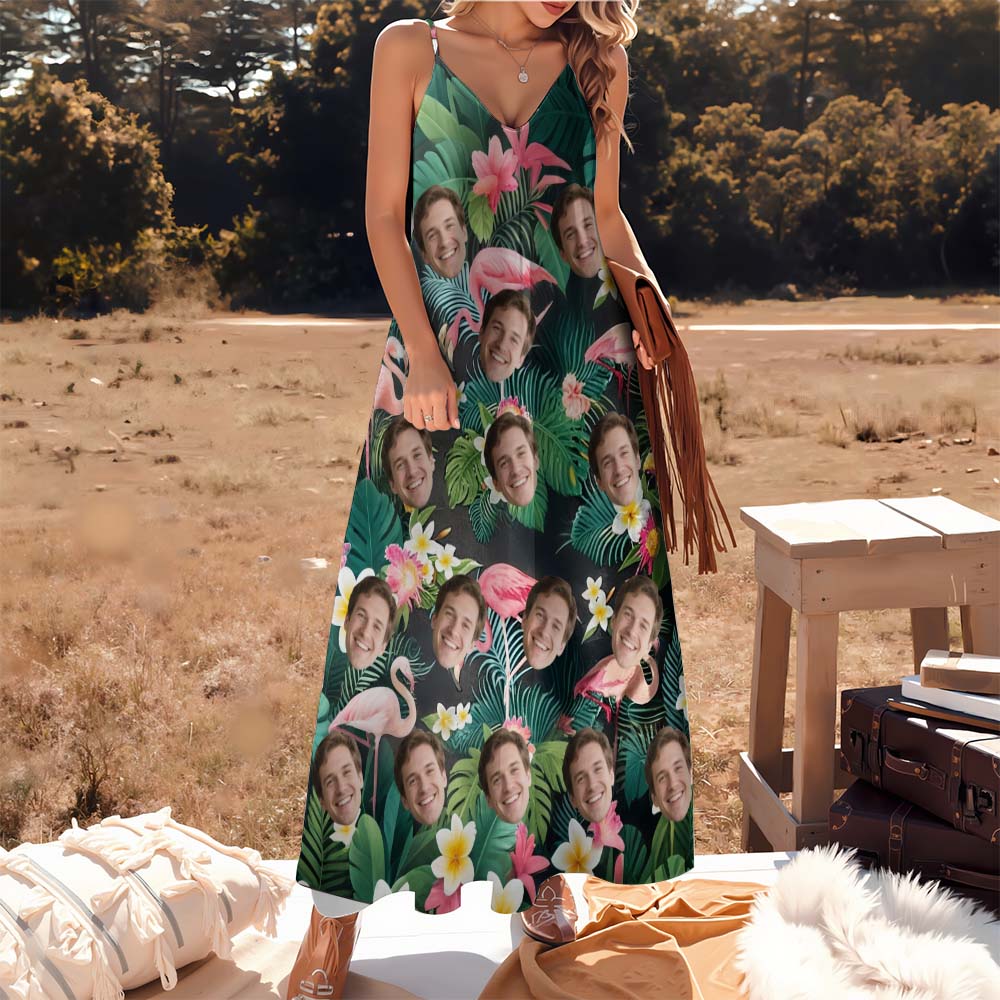 Personalized Green FLowers Face Sling Long Dress Custom Face Photo Dress for Women Fun Summer Vacation Gift