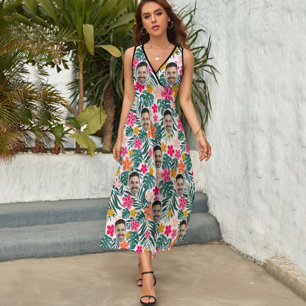 Custom Face Dress Personalized Hawaiian Floral Long Skirt Gift for Her - SantaSocks