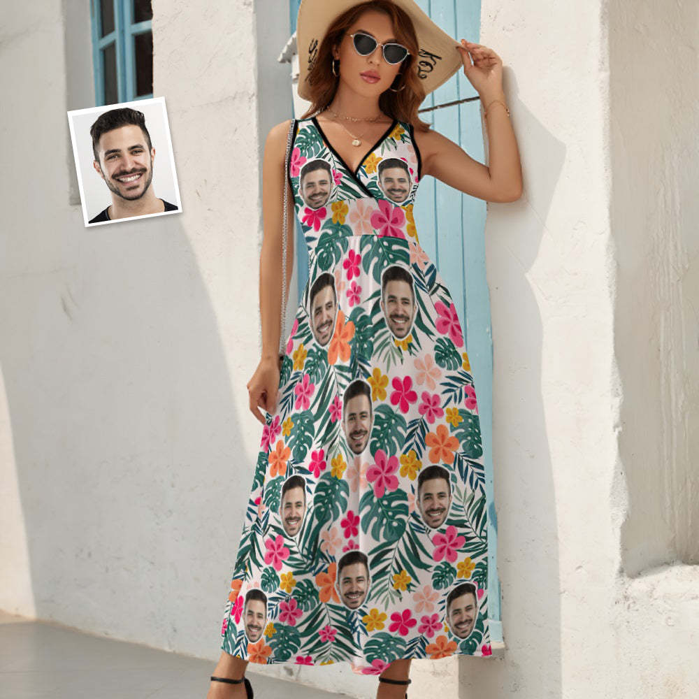 Custom Face Dress Personalized Hawaiian Floral Long Skirt Gift for Her - SantaSocks