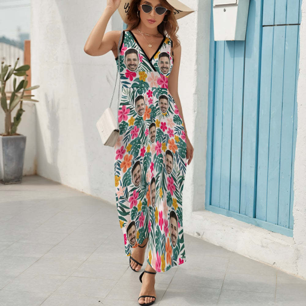 Custom Face Dress Personalized Hawaiian Floral Long Skirt Gift for Her - SantaSocks