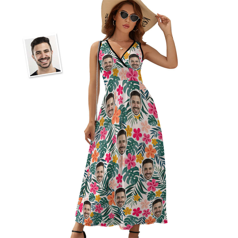 Custom Face Dress Personalized Hawaiian Floral Long Skirt Gift for Her - SantaSocks