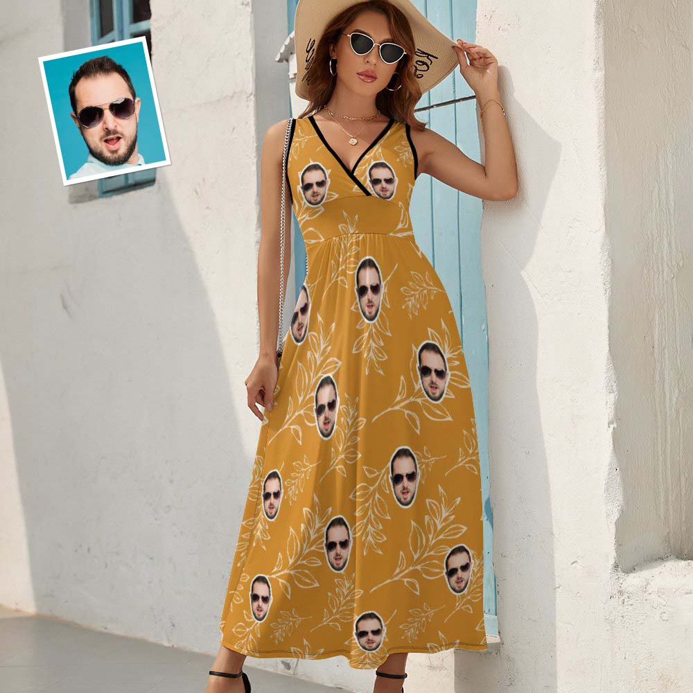 Custom Face Dress Personalized Hawaiian Yellow Long Skirt Gift for Her