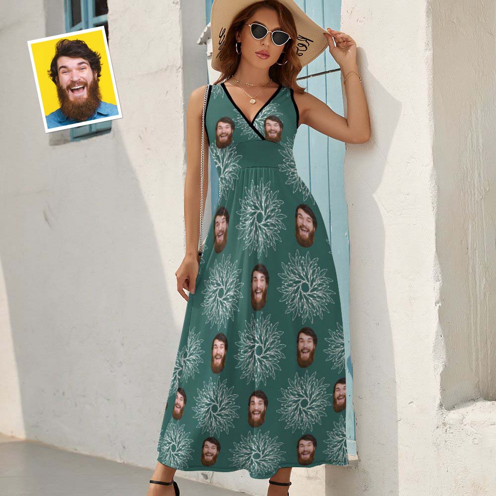 Custom Face Dress Personalized Hawaiian Green Long Skirt Gift for Her