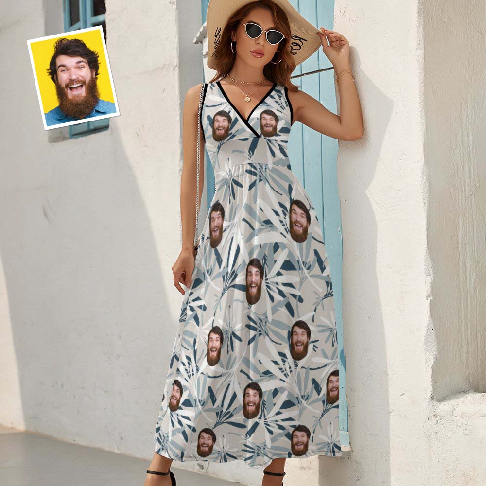 Custom Face Dress Personalized Hawaiian Blue and White Long Skirt Gift for Her