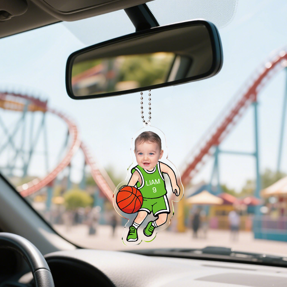 Personalized Baby Photo Basketball Dad Ornament In Car for Daddy, Funny Customized Fathers Day Birthday Gift Idea with Kid Name for Husband