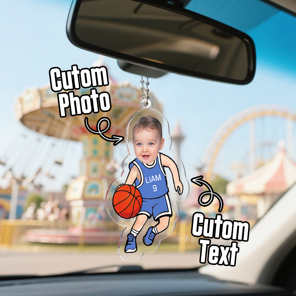 Personalized Baby Photo Basketball Dad Ornament In Car for Daddy, Funny Customized Fathers Day Birthday Gift Idea with Kid Name for Husband