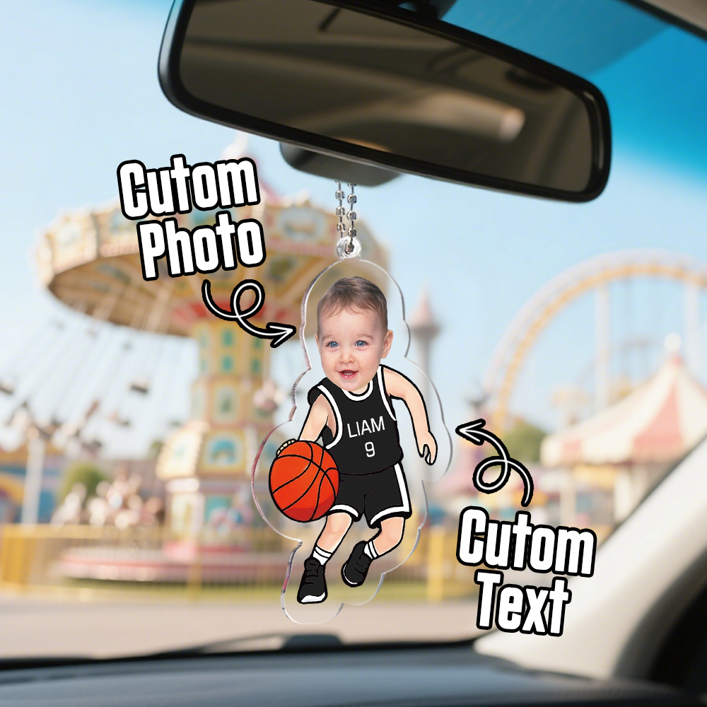 Personalized Baby Photo Basketball Dad Ornament In Car for Daddy, Funny Customized Fathers Day Birthday Gift Idea with Kid Name for Husband
