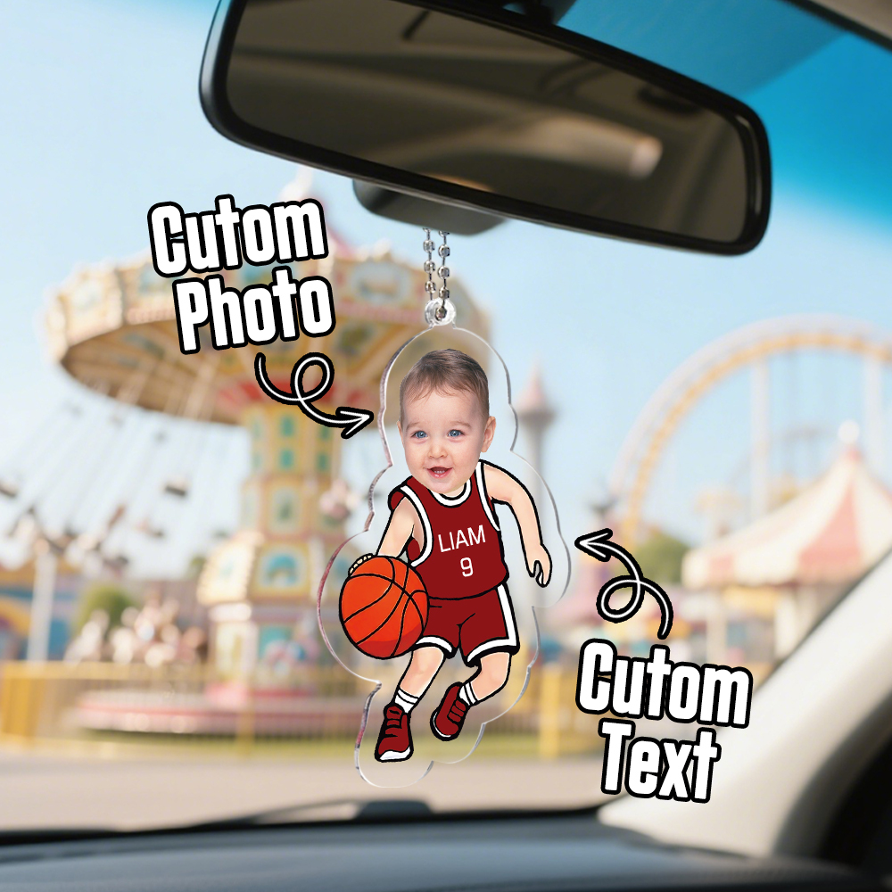 Personalized Baby Photo Basketball Dad Ornament In Car for Daddy, Funny Customized Fathers Day Birthday Gift Idea with Kid Name for Husband