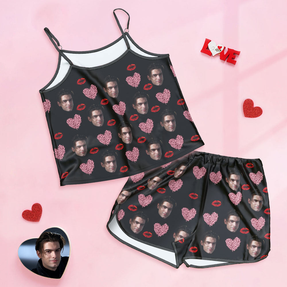 Custom Face Camisole Sleepwear Personalized Lingerie Set Kiss And Pink Heart Gift For Her