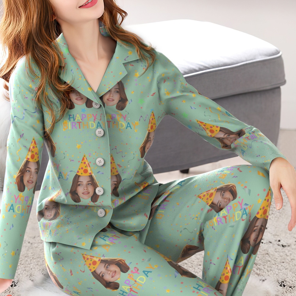 Custom Face Long Sleeve Pajamas Sleepwear Set Personalized Photo Happy Birthday Pajamas