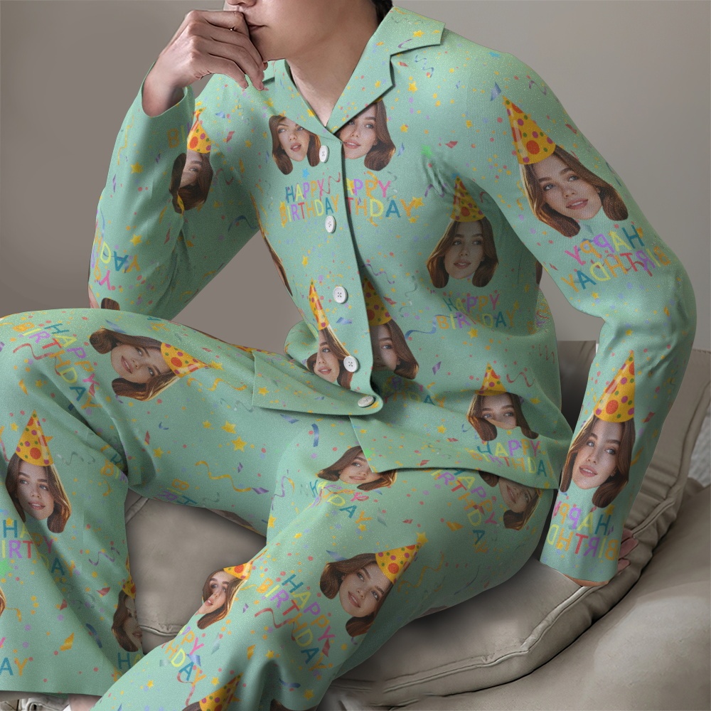 Custom Face Long Sleeve Pajamas Sleepwear Set Personalized Photo Happy Birthday Pajamas