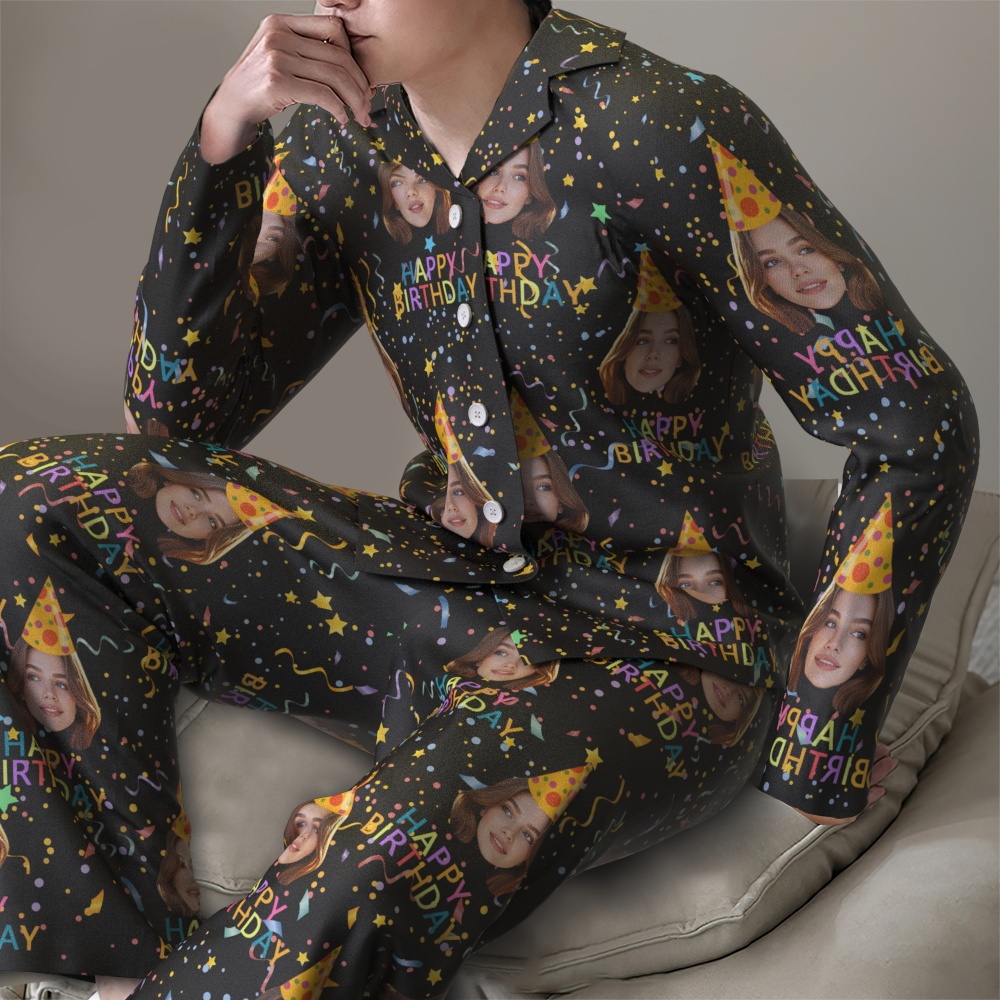 Custom Face Long Sleeve Pajamas Sleepwear Set Personalized Photo Happy Birthday Pajamas