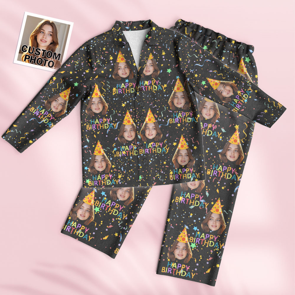 Custom Face Long Sleeve Pajamas Sleepwear Set Personalized Photo Happy Birthday Pajamas