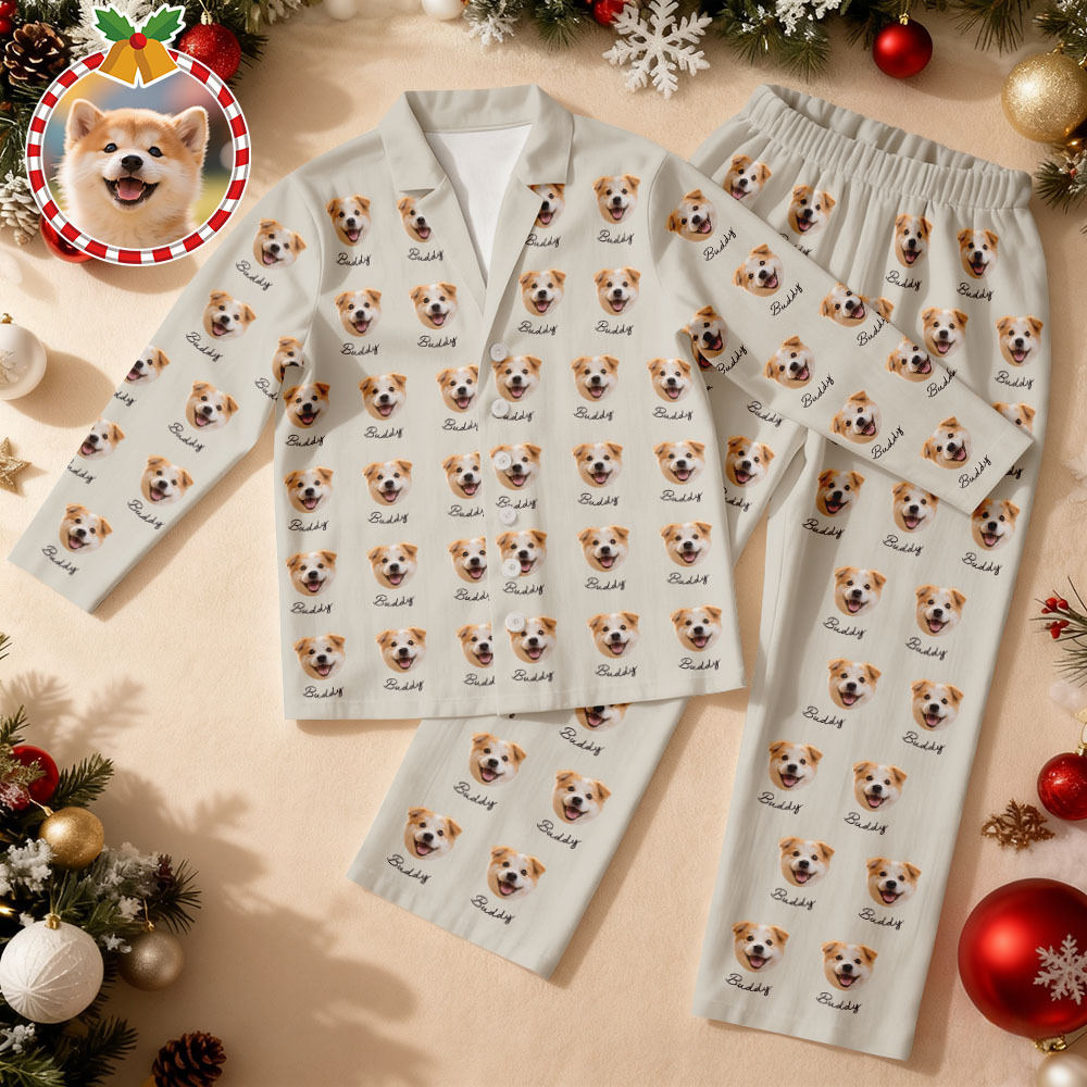 Custom Pet Face Christmas Green Pajamas Personalized Dog Cat Long Sleeve PJs with Name Perfect Holiday Gift for Pet Lovers - SantaSocks