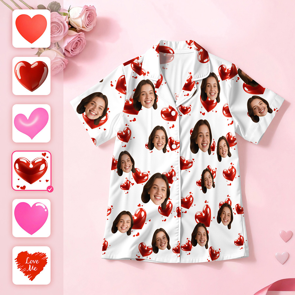 Custom Face Short Sleeve Pajamas Personalised Heart Face Couple Sleepwear Valentine Love Gifts For Her - SantaSocks
