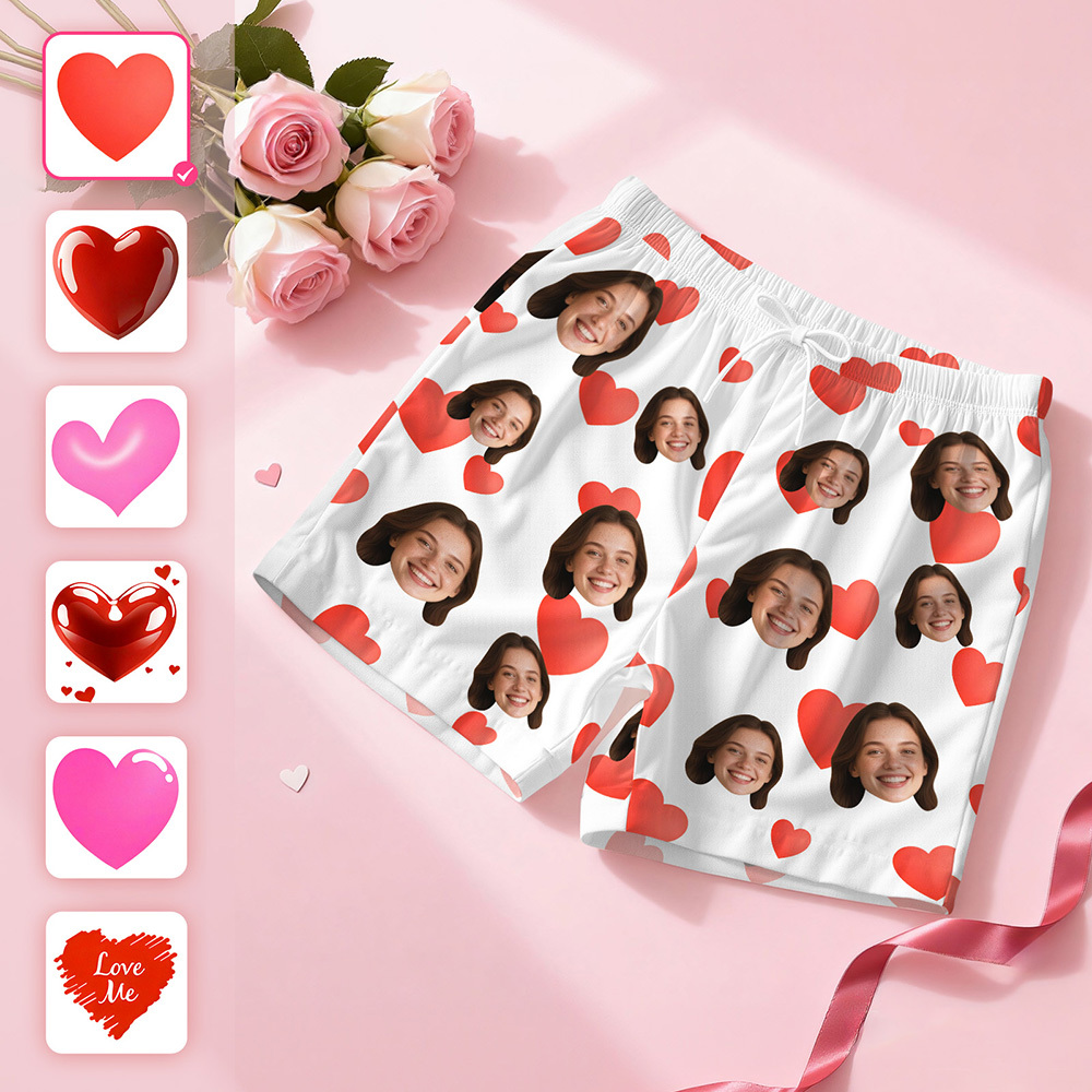 Custom Face Short Sleeve Pajamas Personalised Heart Face Couple Sleepwear Valentine Love Gifts For Her - SantaSocks