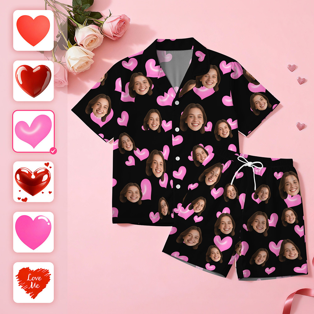 Custom Face Short Sleeve Pajamas Personalised Heart Face Couple Sleepwear Valentine Love Gifts For Her - SantaSocks