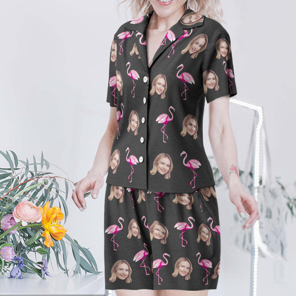 Custom Face Short Sleeved Pajamas Personalised Women's Sleepwear Flamingo Gifts For Her