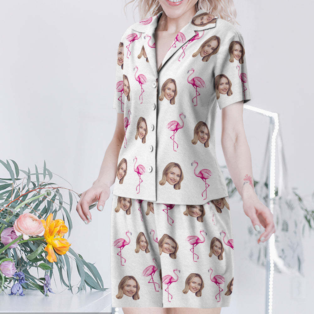 Custom Face Short Sleeved Pajamas Personalised Women's Sleepwear Flamingo Gifts For Her