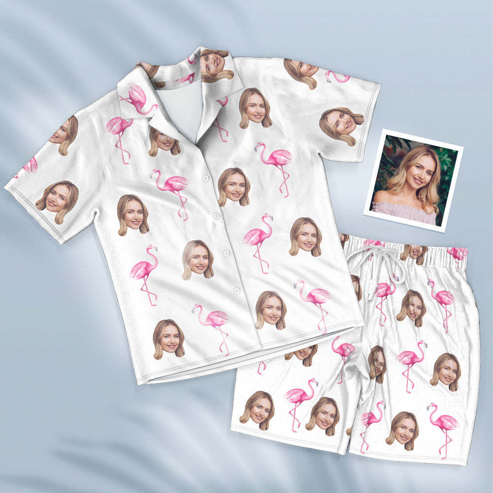 Custom Face Short Sleeved Pajamas Personalised Women's Sleepwear Flamingo Gifts For Her